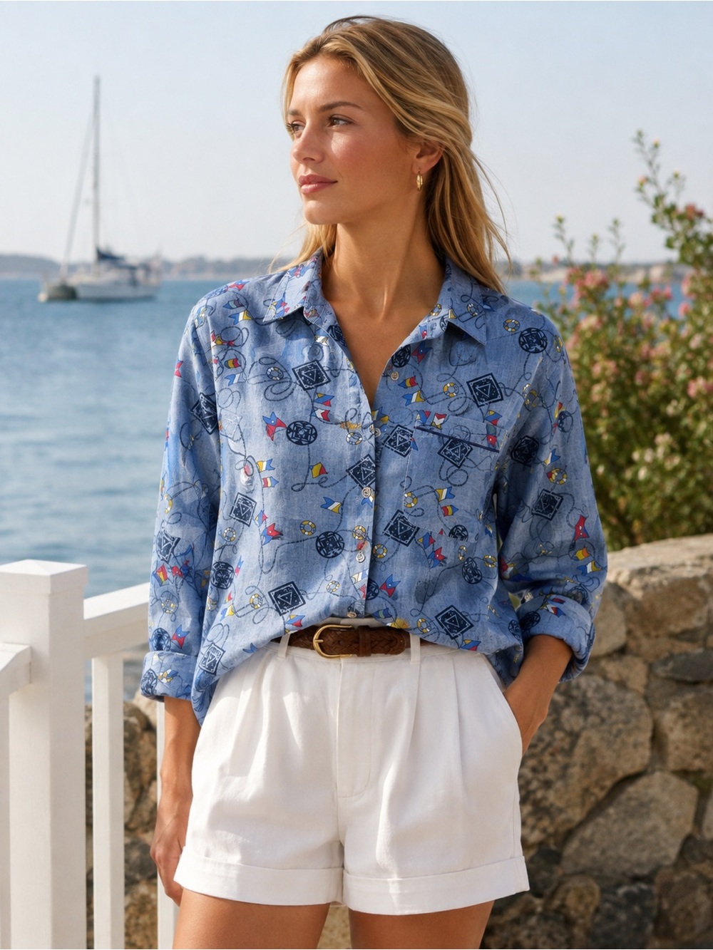 Vintage Koret 100% Cotton Chambray‎ Nautical Printed Button Up Small